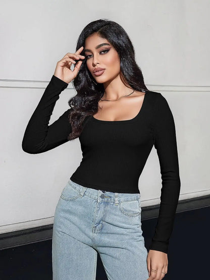 Women’s Long Sleeve Square Neck Ribbed Crop Top