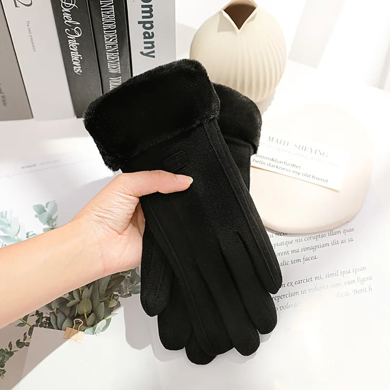 Women’s Winter Suede Gloves – Thick Plush, Touchscreen, Outdoor