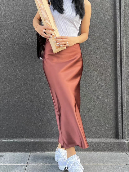 Summer Silk Satin A-line Skirt - Casual High Waist with Side Slit