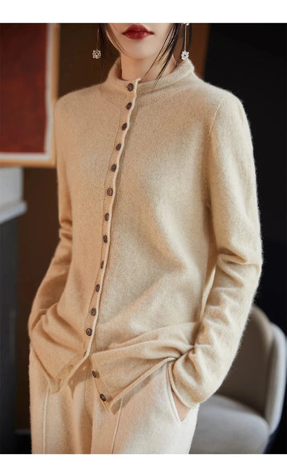 Women's Merino Wool Jacket - Luxury Knit Cardigan with Standing Collar