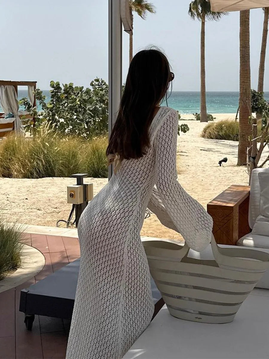 Sexy White Long Knit Sleeve Bikini Cover-Up - See-Through Deep V-Neck Backless Beach Dress