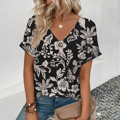 Elegant Women’s V-Neck T-Shirt with Floral Print