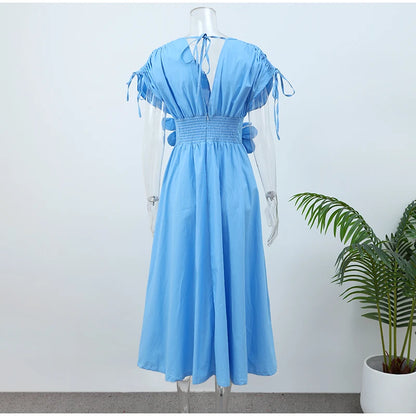 Elegant 3D Flower Pleated Long Dress - V Neck, Short Sleeved, Summer Chic