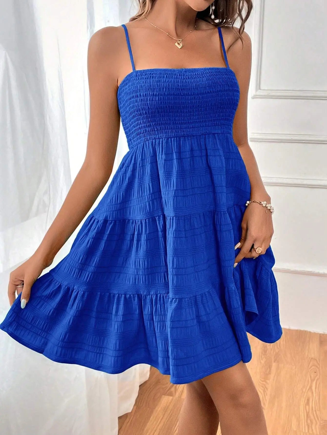 Women's Summer Solid Color Spaghetti Strap Dress - Versatile & Textured