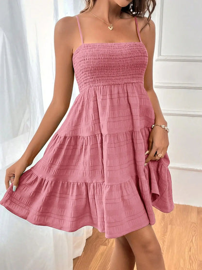 Women's Summer Solid Color Spaghetti Strap Dress - Versatile & Textured