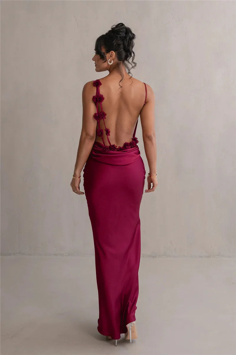 Mozision Floral Backless Maxi Dress - Spaghetti Strap Bodycon Evening Dress