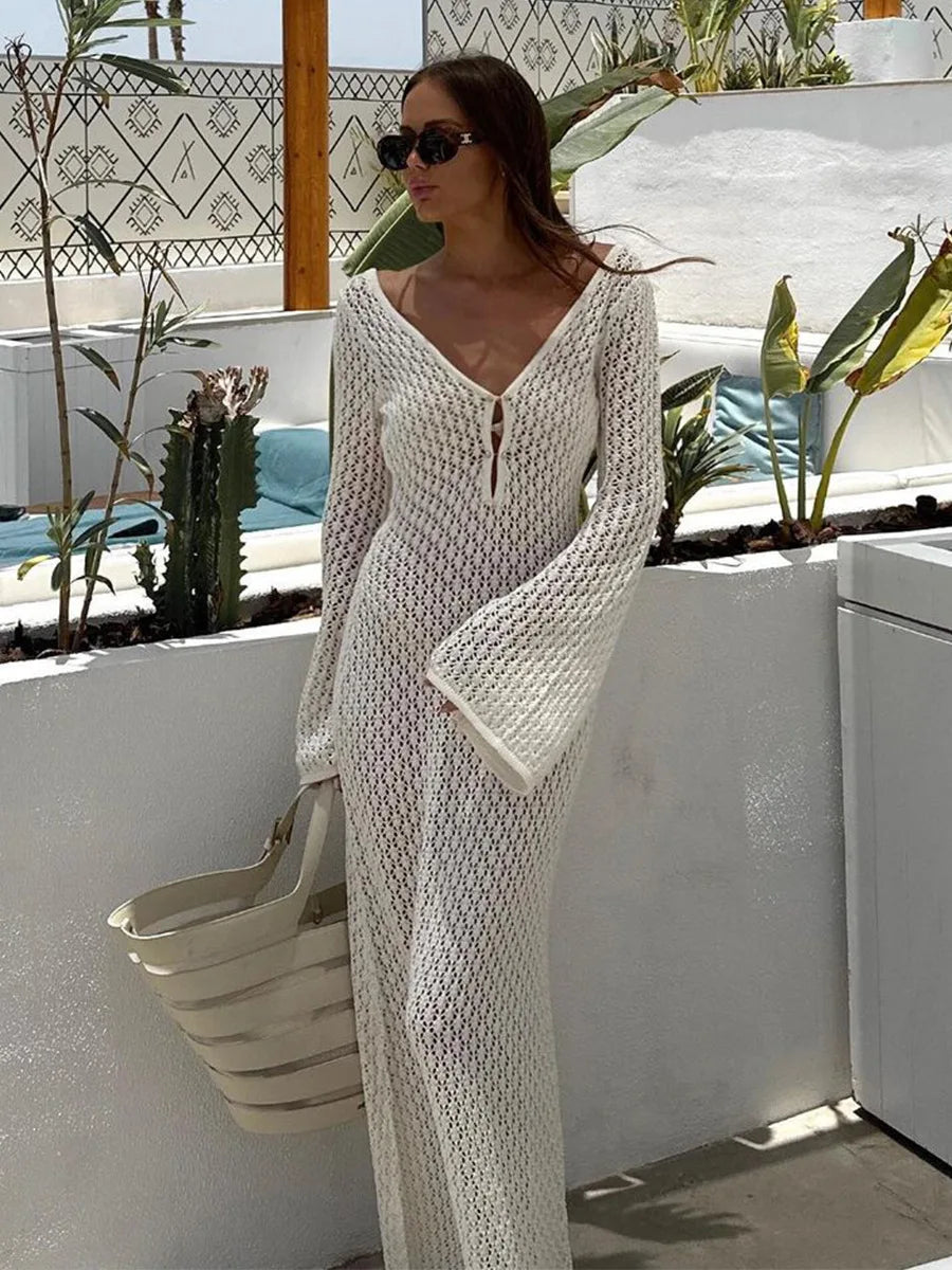 Sexy White Long Knit Sleeve Bikini Cover-Up - See-Through Deep V-Neck Backless Beach Dress