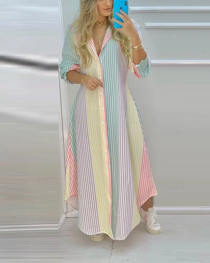 Boho Printed Long Sleeve Maxi Dress - Summer Turn-Down Collar