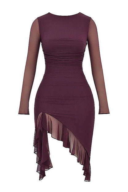 Mozision Elegant Ruffled Midi Dress - Sheer Long Sleeve, Backless Party Style