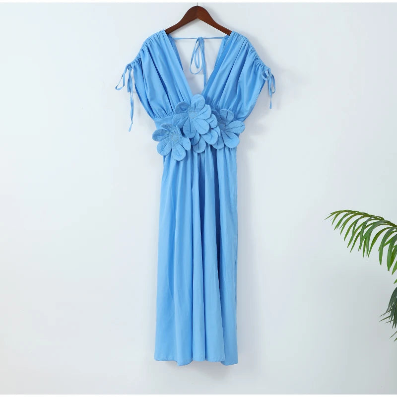 Elegant 3D Flower Pleated Long Dress - V Neck, Short Sleeved, Summer Chic