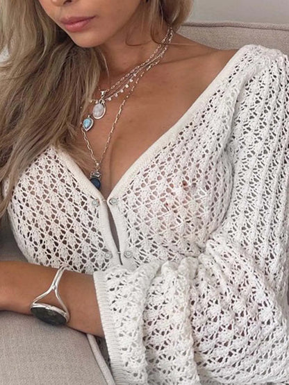 Sexy White Long Knit Sleeve Bikini Cover-Up - See-Through Deep V-Neck Backless Beach Dress