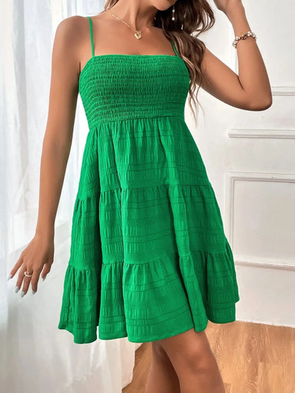 Women's Summer Solid Color Spaghetti Strap Dress - Versatile & Textured