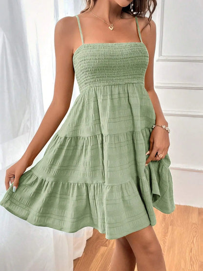 Women's Summer Solid Color Spaghetti Strap Dress - Versatile & Textured