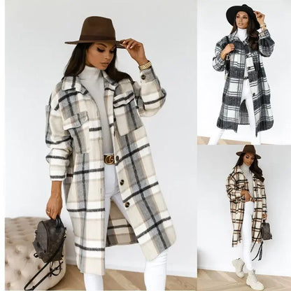 Woolen Plaid Women's Mid-Length Trench Coa