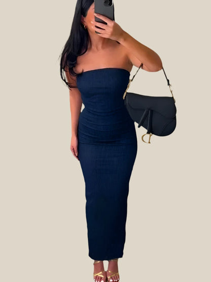 Nlzgmsj TRAF Strapless Backless Denim Dress - Sexy Blue Zipper Split Long Dress for Summer Parties