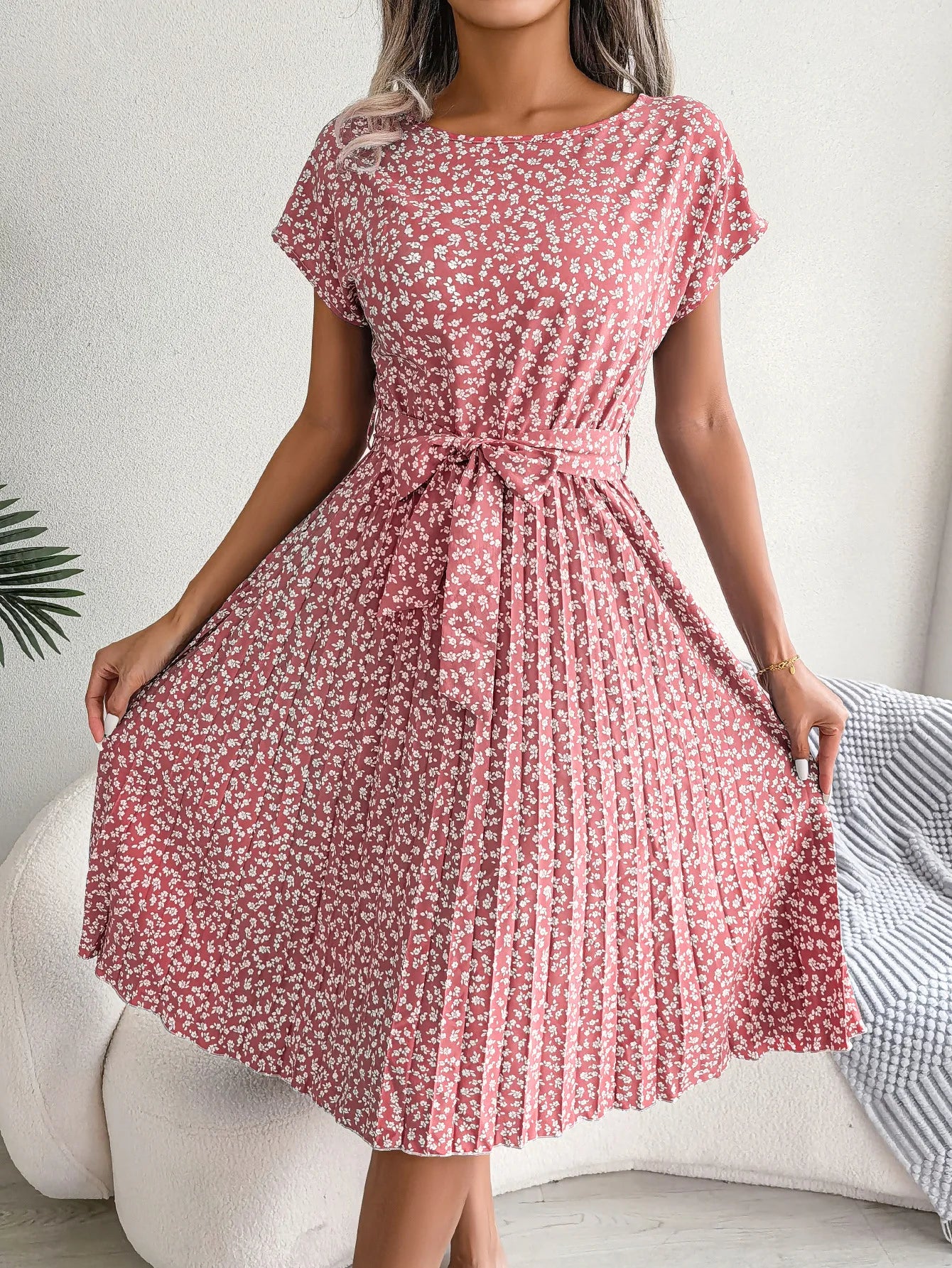 Chic Floral High Waist A-Line Dress - Spring/Summer, Short Sleeve