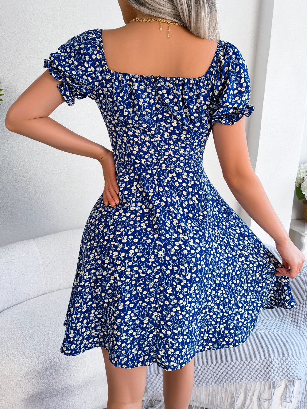 Women Casual Ruffles Short Sleeve Floral Print A Line Dress