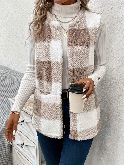 Plus Size Plaid Teddy Fleece Vest Jacket