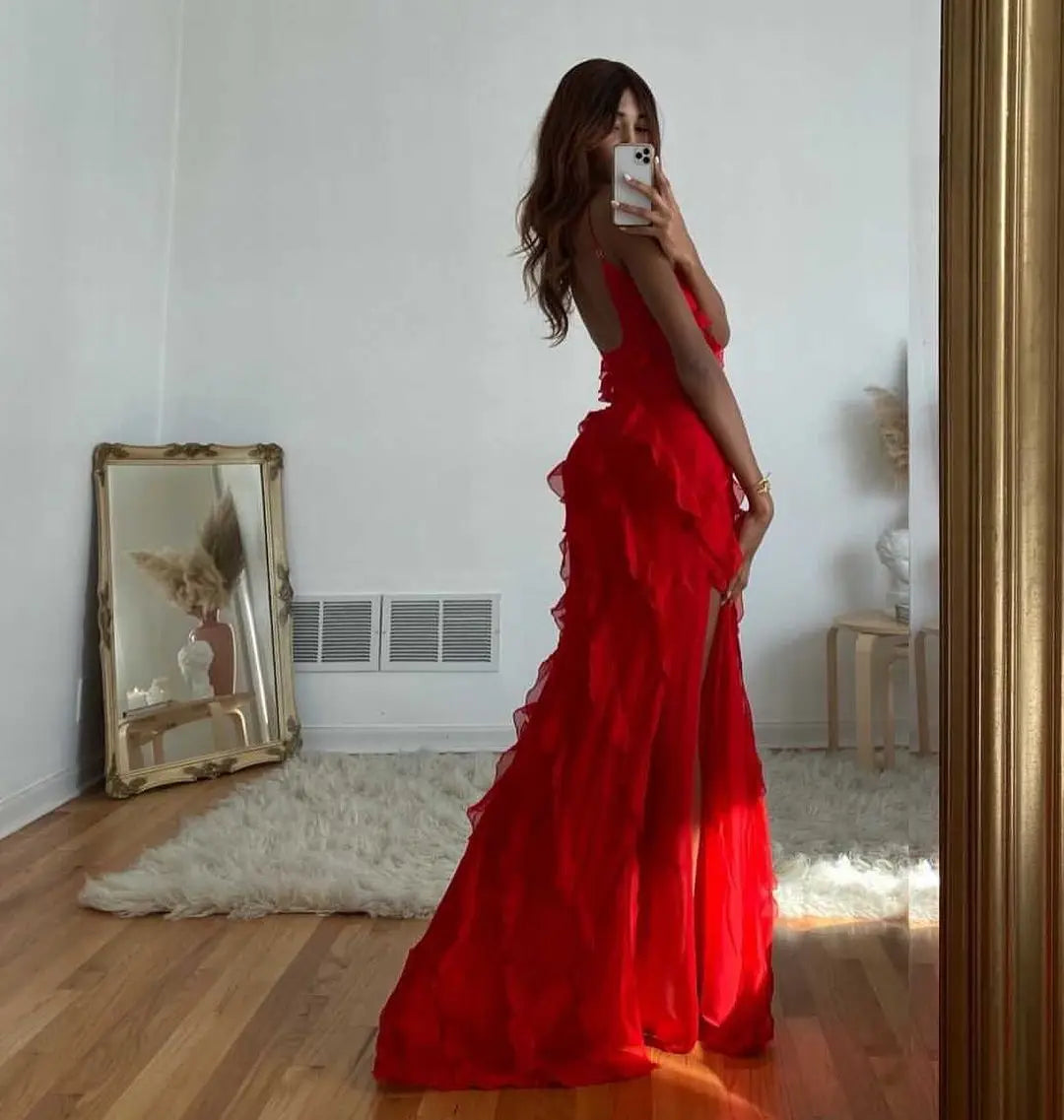 Elegant Red Chiffon Maxi Dress - Spaghetti Strap, Backless, Ruffled Evening Gown