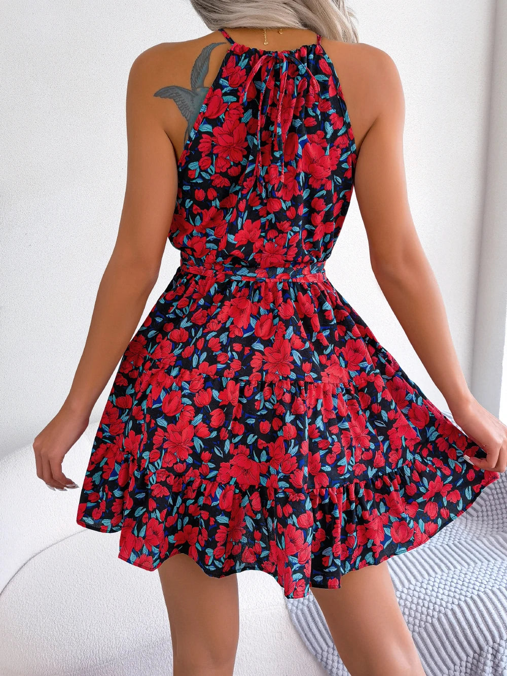 Women Summer Casual Floral Print Ruffle Halter Dress