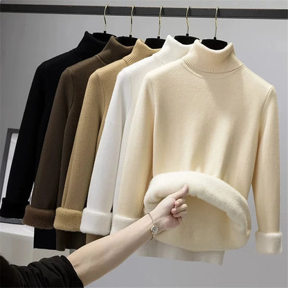 Elegant Velvet-Lined Turtleneck Sweater - Women's Slim Winter Knitwear