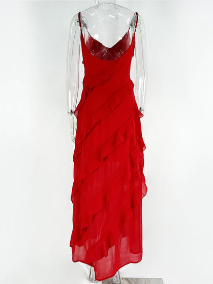 Elegant Red Chiffon Maxi Dress - Spaghetti Strap, Backless, Ruffled Evening Gown