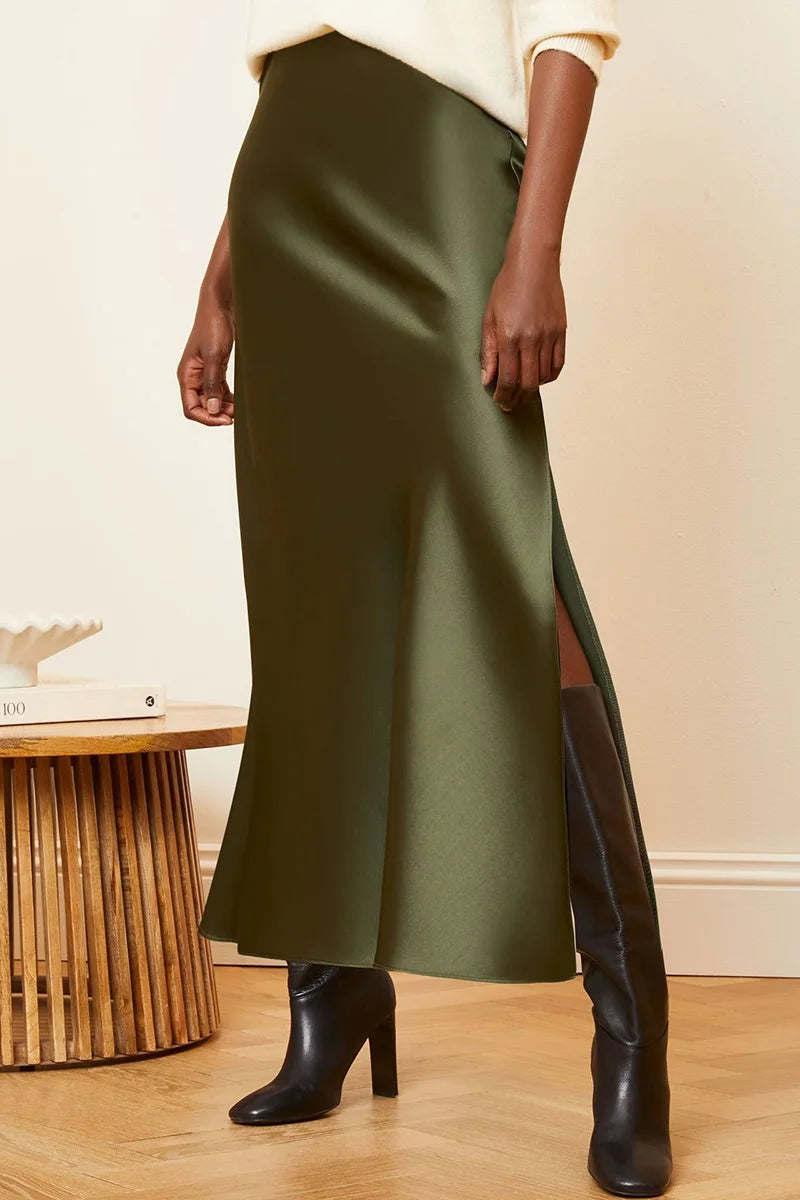 Summer Silk Satin A-line Skirt - Casual High Waist with Side Slit