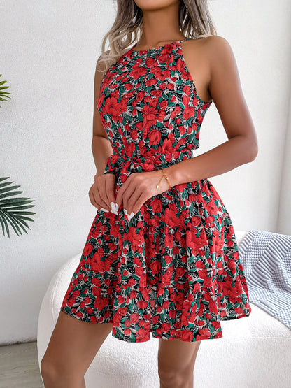 Women Summer Casual Floral Print Ruffle Halter Dress