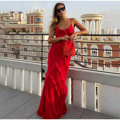 Elegant Red Chiffon Maxi Dress - Spaghetti Strap, Backless, Ruffled Evening Gown