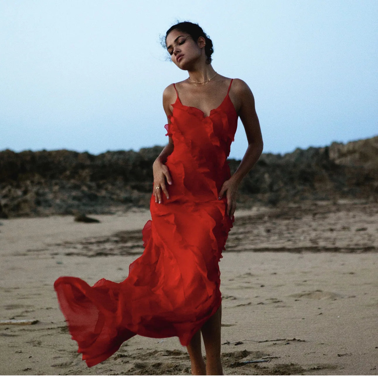 Elegant Red Chiffon Maxi Dress - Spaghetti Strap, Backless, Ruffled Evening Gown