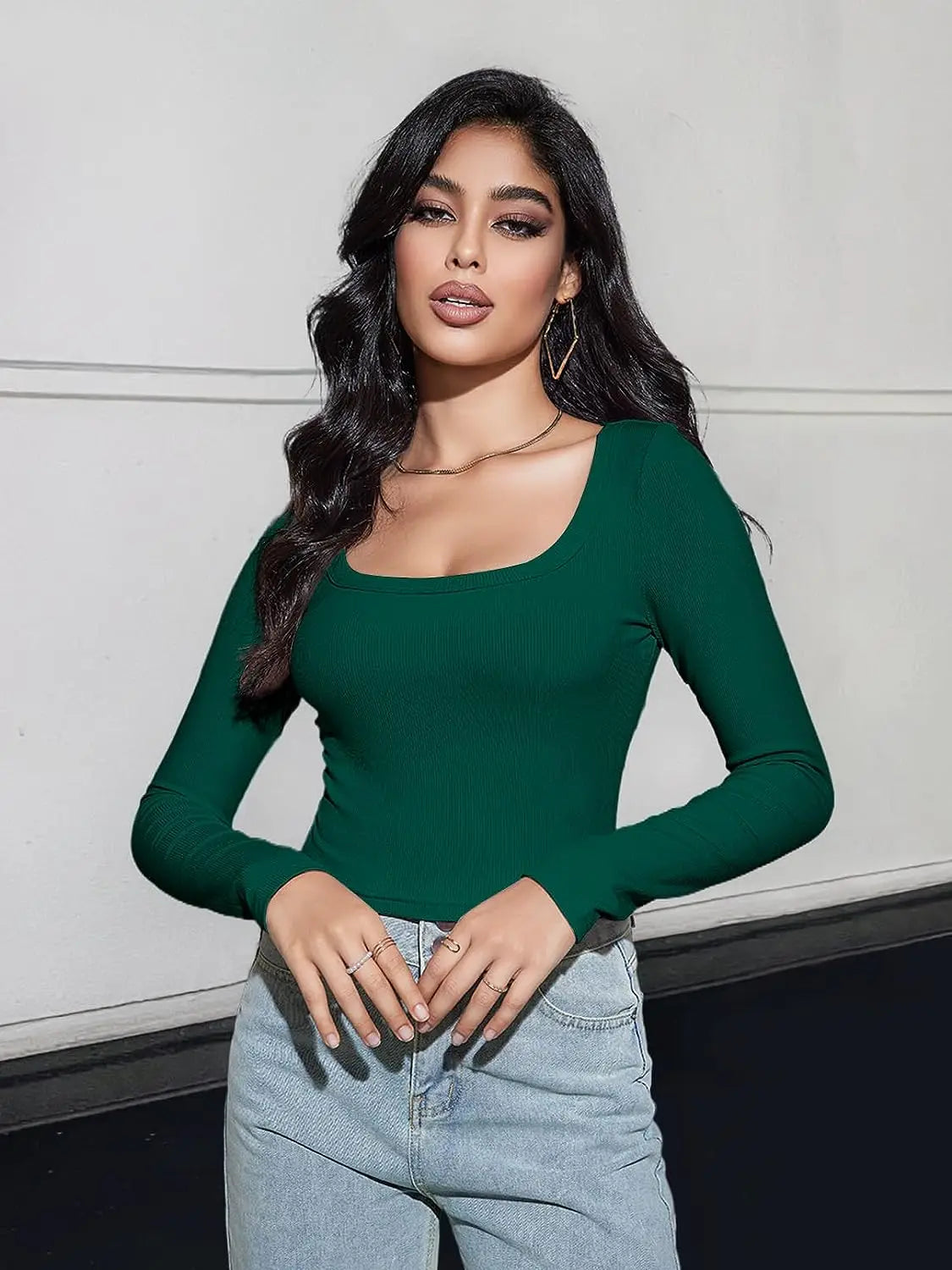 Women’s Long Sleeve Square Neck Ribbed Crop Top