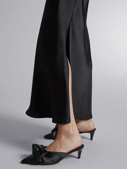 Summer Silk Satin A-line Skirt - Casual High Waist with Side Slit