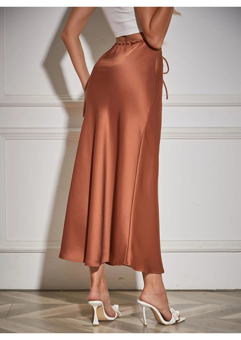 Dreamgirl A-Line Satin Maxi Skirt - Elegant High Waist, Black & Beige