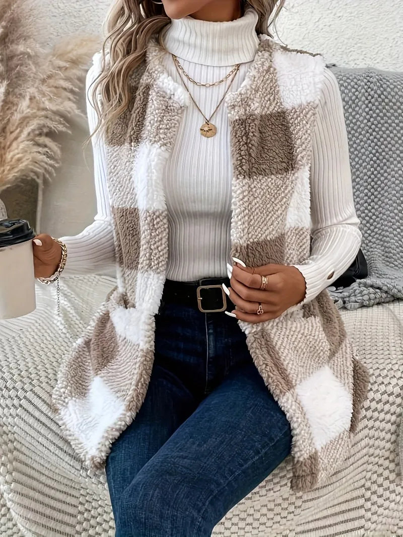 Plus Size Plaid Teddy Fleece Vest Jacket