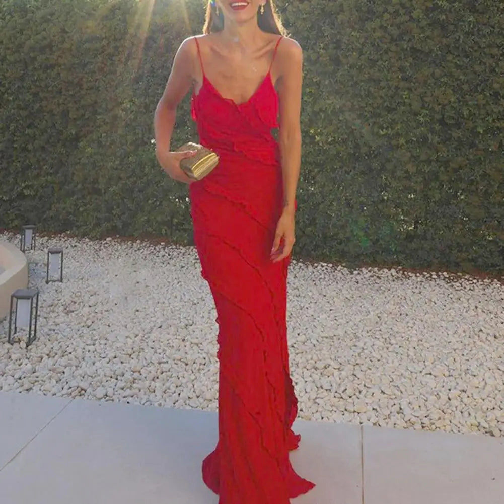 Elegant Red Chiffon Maxi Dress - Spaghetti Strap, Backless, Ruffled Evening Gown