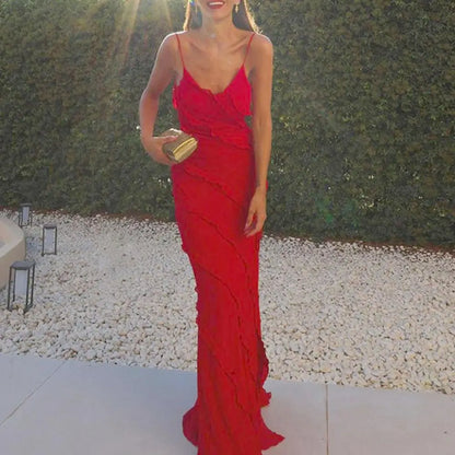 Elegant Red Chiffon Maxi Dress - Spaghetti Strap, Backless, Ruffled Evening Gown