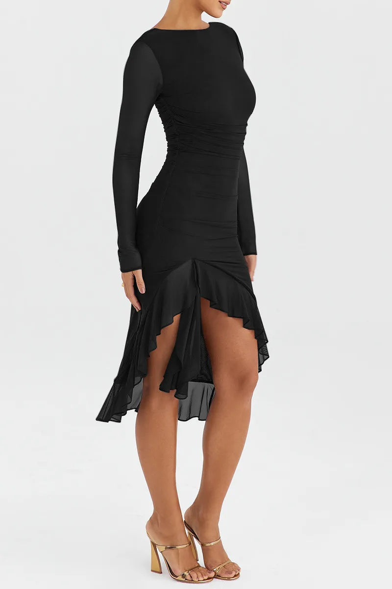 Mozision Elegant Ruffled Midi Dress - Sheer Long Sleeve, Backless Party Style