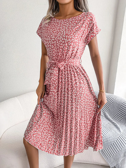 Chic Floral High Waist A-Line Dress - Spring/Summer, Short Sleeve