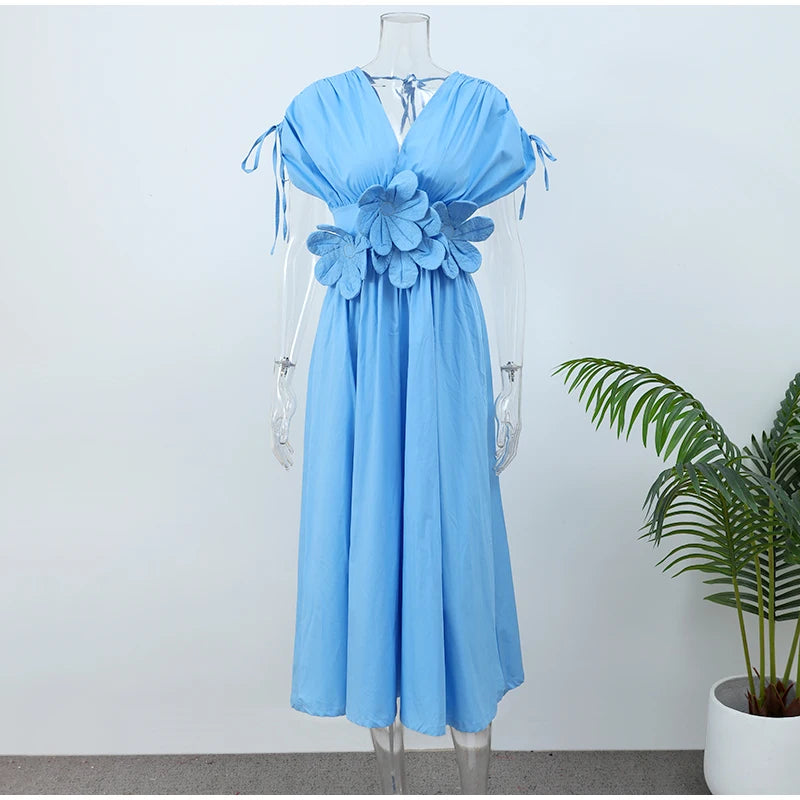 Elegant 3D Flower Pleated Long Dress - V Neck, Short Sleeved, Summer Chic