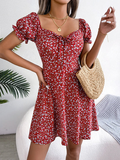 Women Casual Ruffles Short Sleeve Floral Print A Line Dress