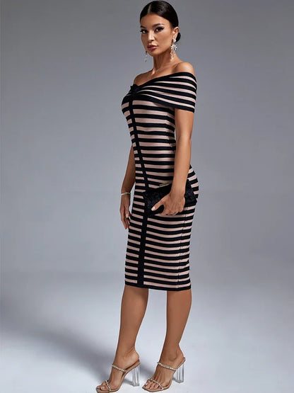 Off-Shoulder Midi Bandage Dress - Elegant Striped Bodycon Party Dress for Women, Summer 2023 Runway Style