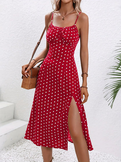 Summer Spaghetti Strap Polka Dot Midi Dress - Boho, Casual, Sleeveless with Slit