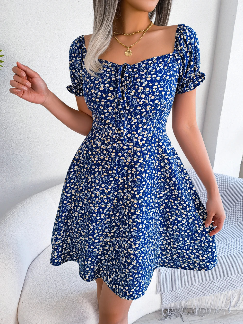 Women Casual Ruffles Short Sleeve Floral Print A Line Dress