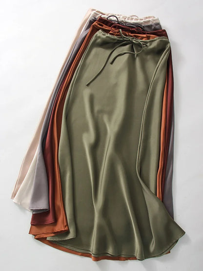 Dreamgirl A-Line Satin Maxi Skirt - Elegant High Waist, Black & Beige