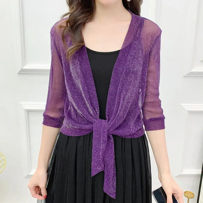 Women's Sheer Glitter Lace-up Summer Cardigan