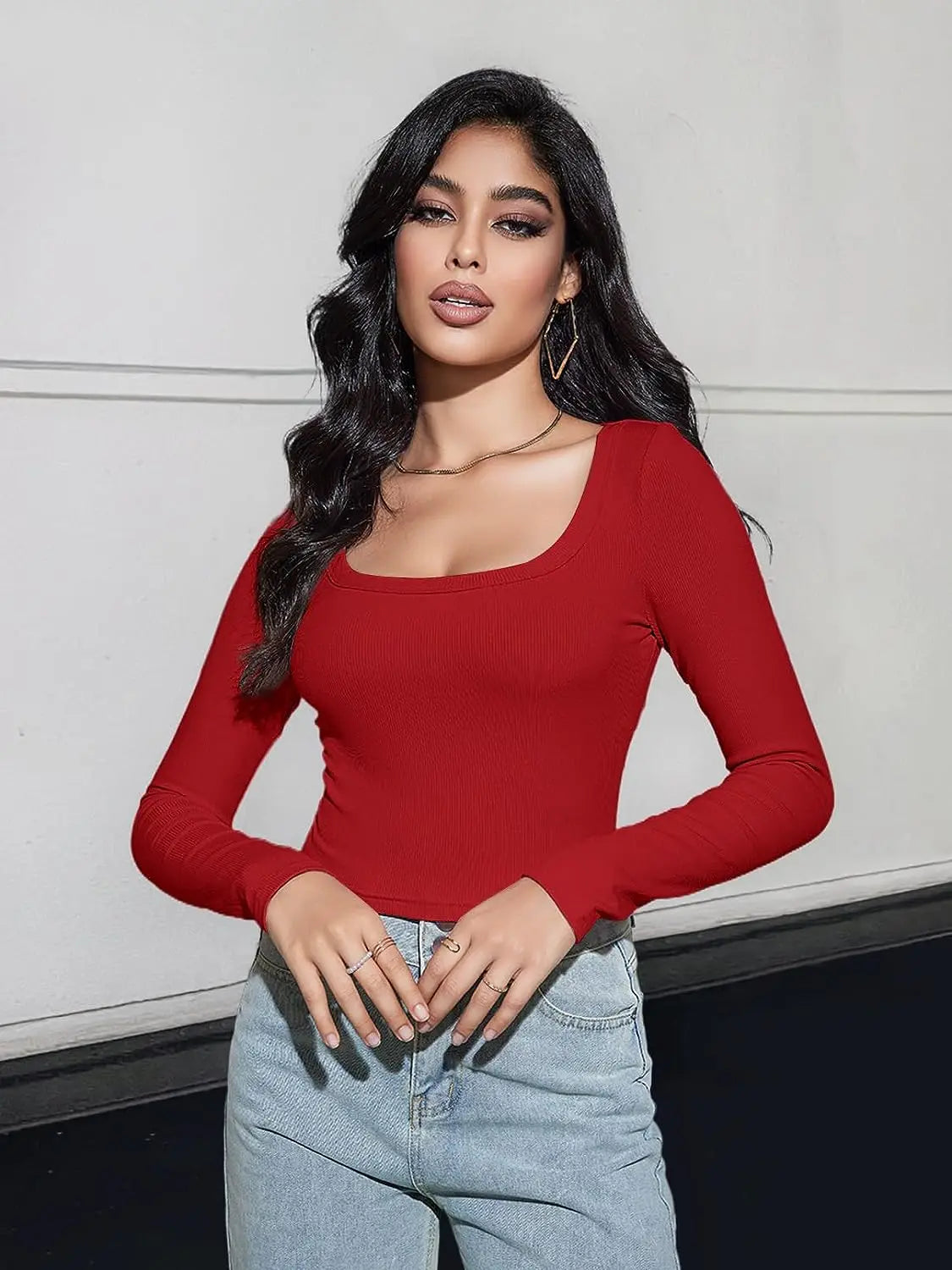 Women’s Long Sleeve Square Neck Ribbed Crop Top