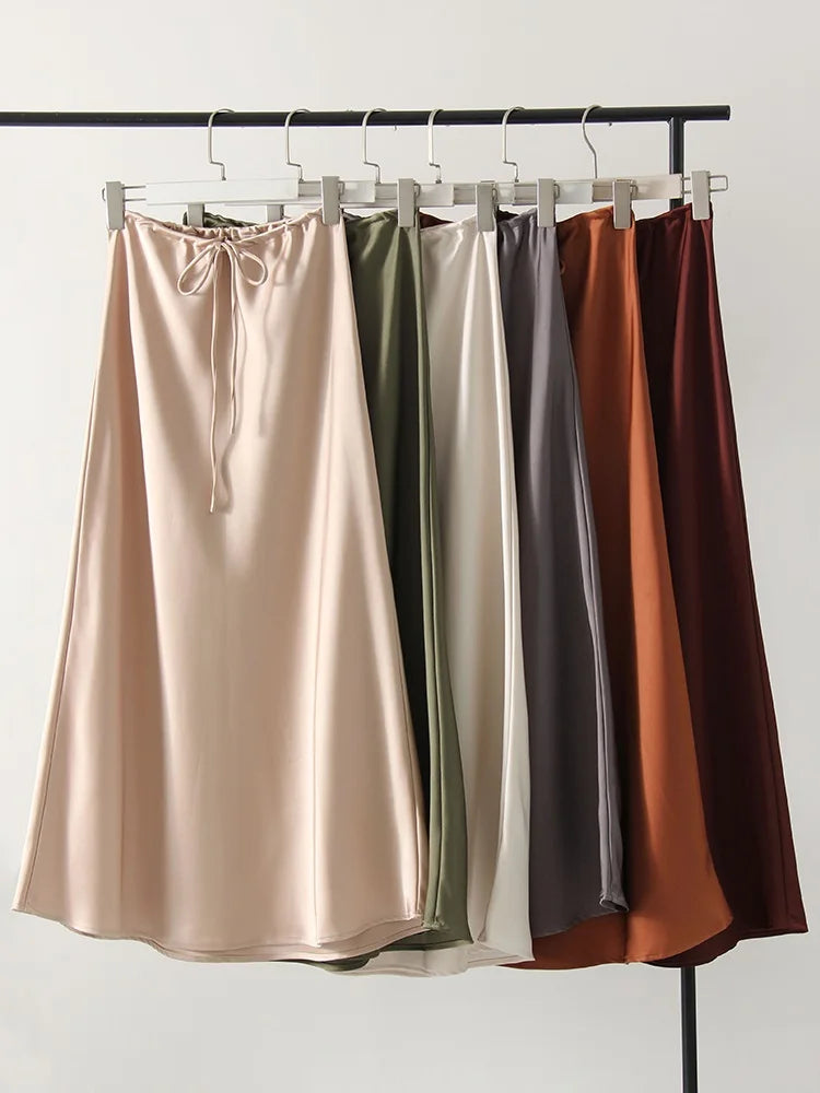 Dreamgirl A-Line Satin Maxi Skirt - Elegant High Waist, Black & Beige