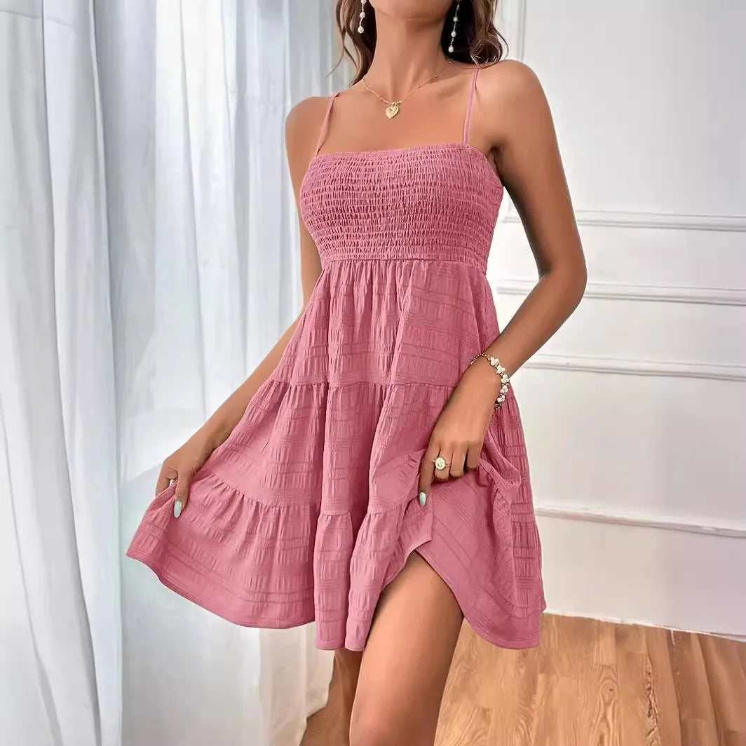 Women's Summer Solid Color Spaghetti Strap Dress - Versatile & Textured