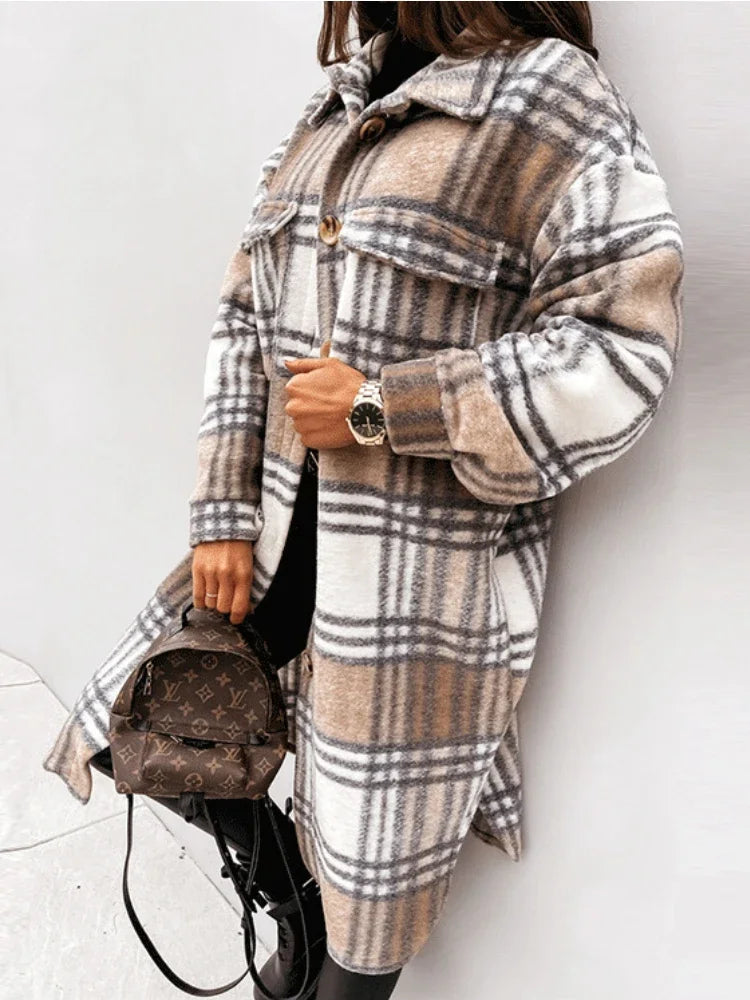 Woolen Plaid Women's Mid-Length Trench Coa