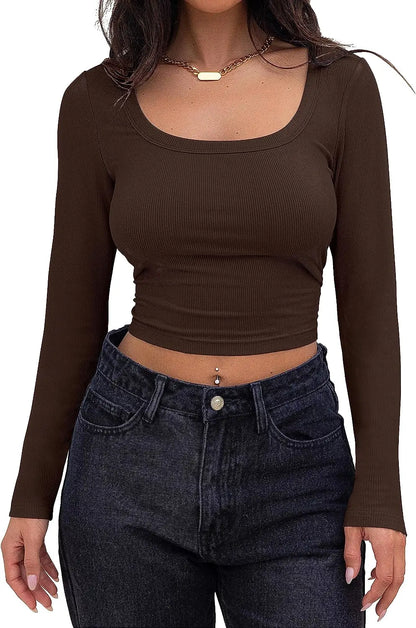 Women’s Long Sleeve Square Neck Ribbed Crop Top